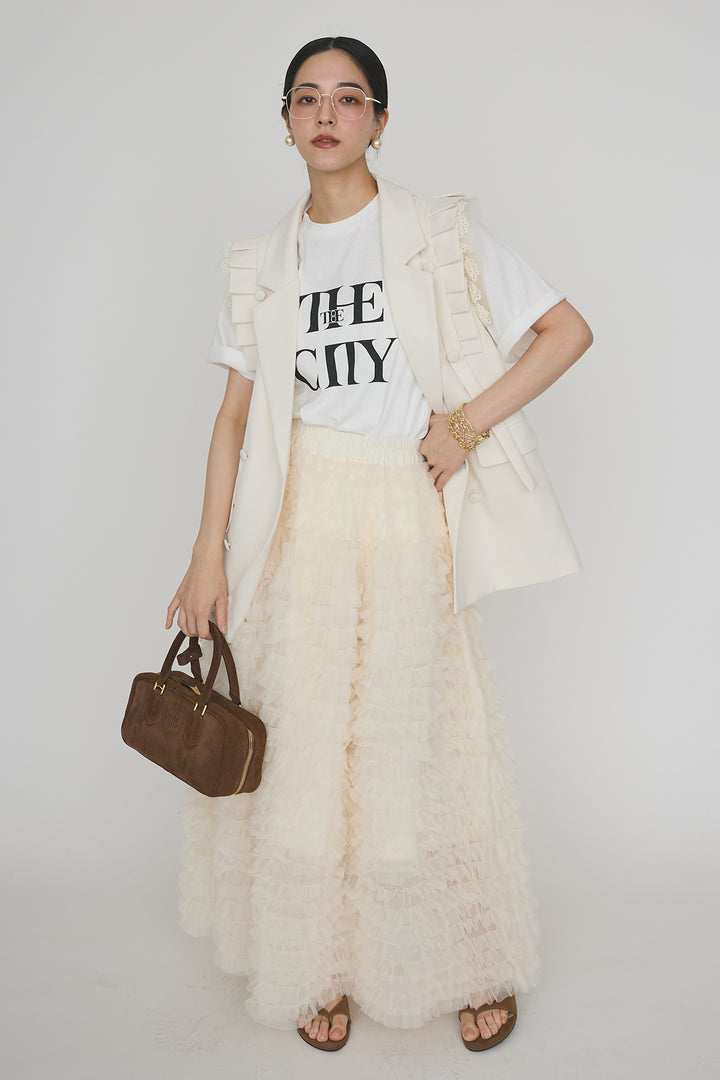 [予約/SET]ThecityロゴTシャツ+フリルショルダーテーラーマニッシュベスト+ホイップチュールティアードスカート(3set)