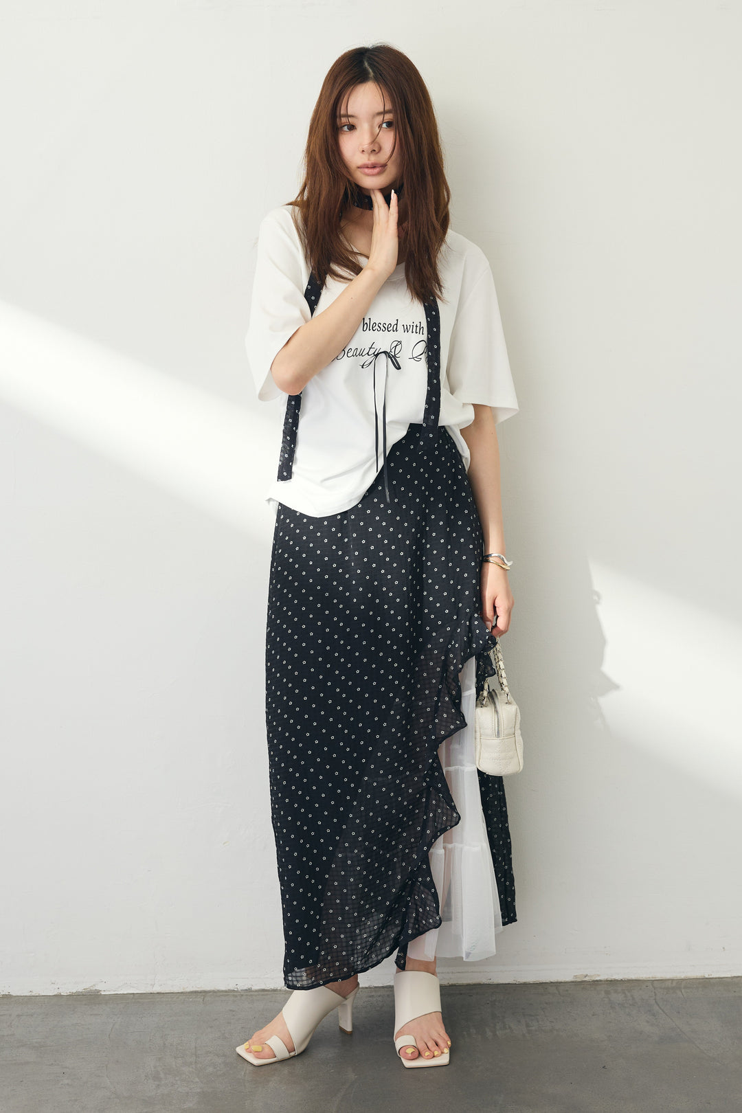 [予約]ポイントリボンTシャツドットスカートセット
