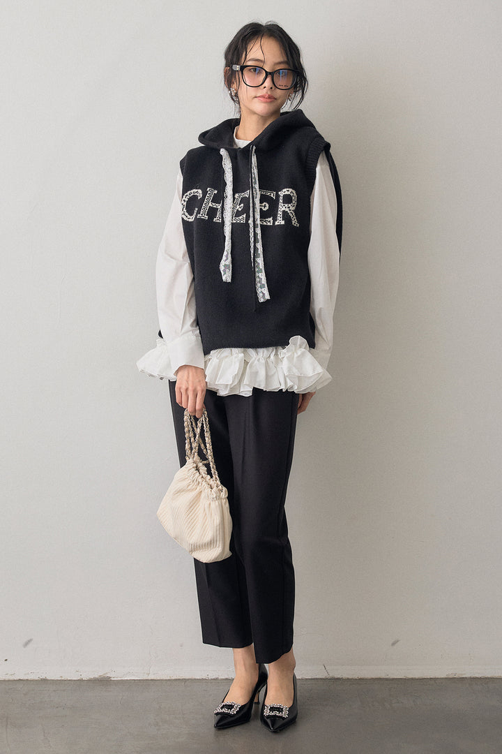 [予約/SET]レースリボンロゴフードスリーブレスニット+タックテーパードパンツ(2set)