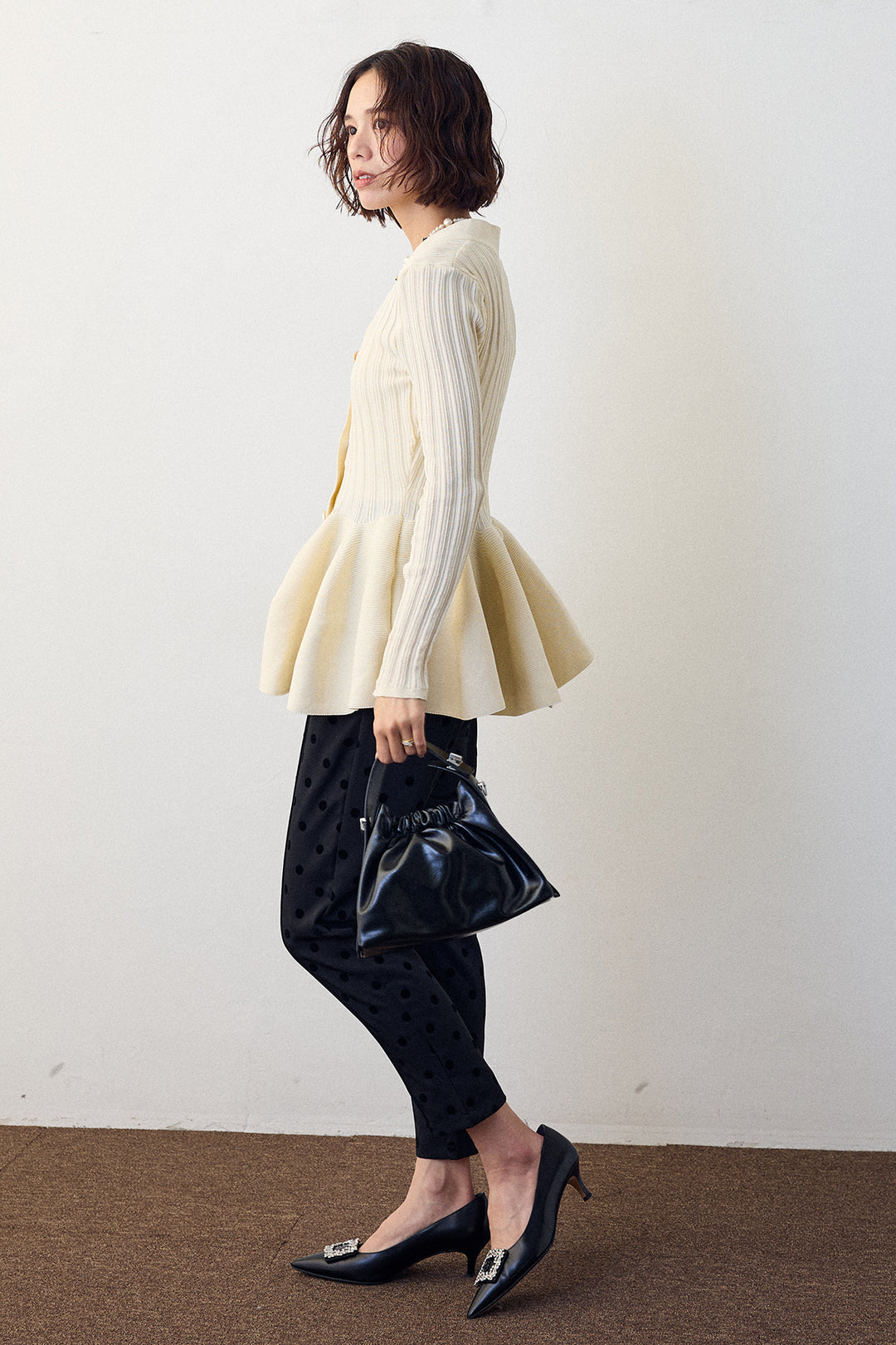 [予約/SET]リブ美ラインペプラムニット+ドット柄センターラインテーパードパンツ(2set)