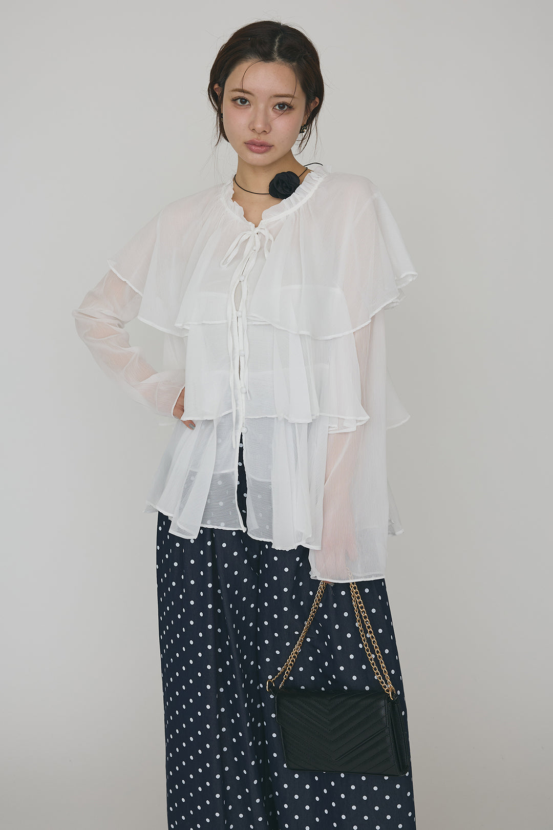 [予約/SET]エアリーシフォンティアードブラウス+ハイウエストドットデニムパンツ(2set)