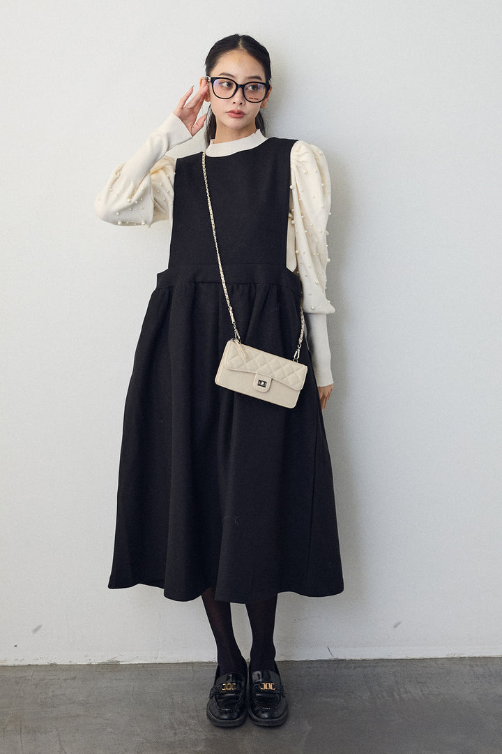 [予約/SET]パフスリーブランダムパールニット+バックリボンボックスシルエットジャンスカ(2set)