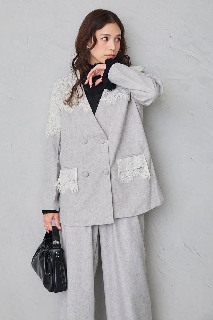 [予約/SET]ショルダーレースデザインジャケット+ライトツイードタックパンツ(2set)