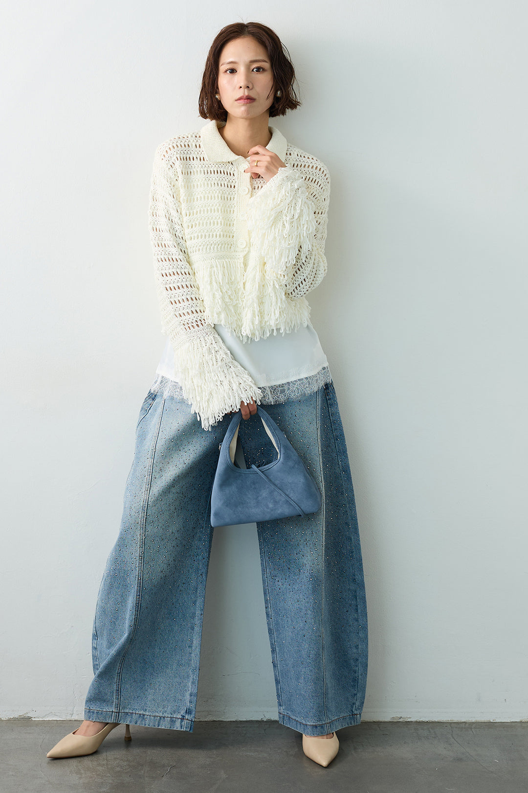 [予約/SET]メッシュフリンジクロップドニット+スパークルラインストーンカーブデニム(2set)