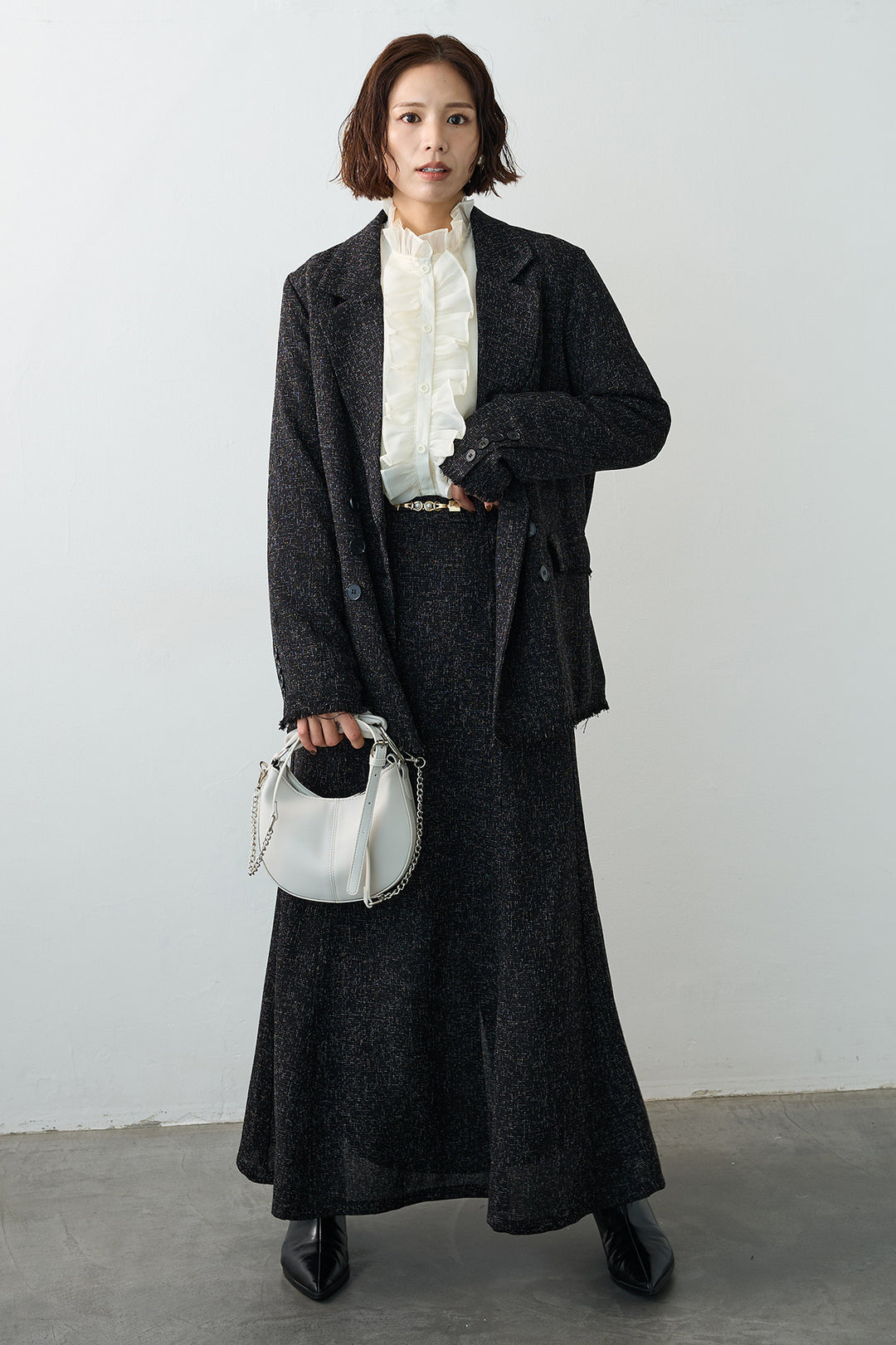[予約/SET]スラブネップツイードフリンジテーラージャケット+スラブネップツイードフレアスカート(2set)