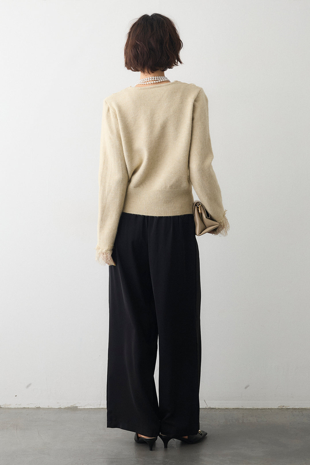 [予約/SET]レースVラインボタンニット+とろみドロストワイドパンツ(2set)