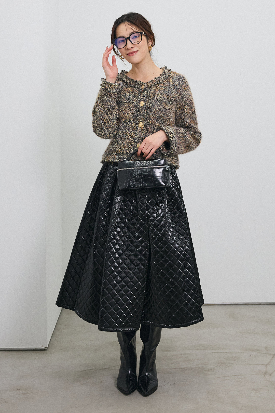 [予約/SET]カラーミックスツイードジャケット+メタリックキルティングフレアスカート(2set)