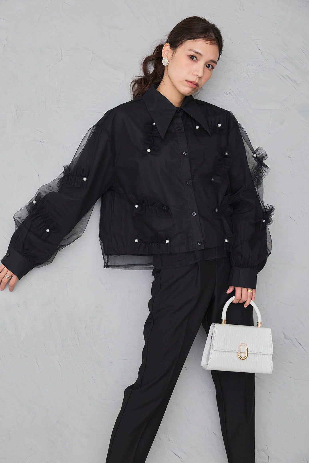 [予約]チュールレイヤードパールシャツ