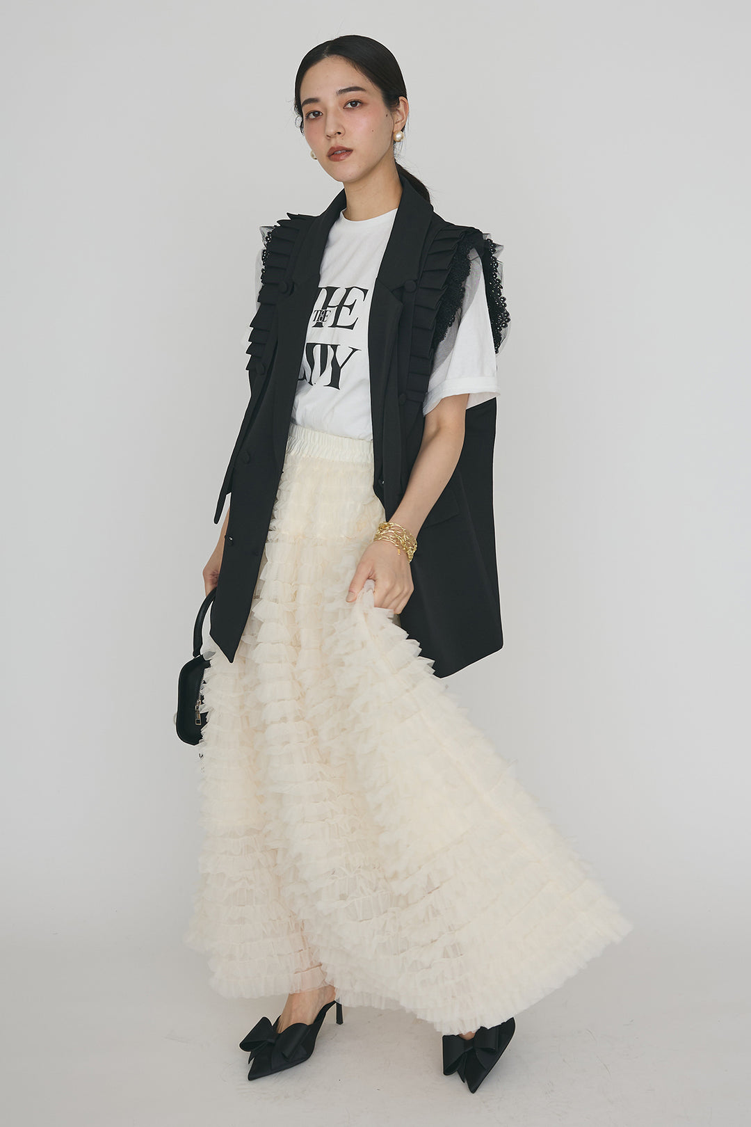 [予約/SET]フリルショルダーテーラーマニッシュベスト+ホイップチュールティアードスカート(2set)