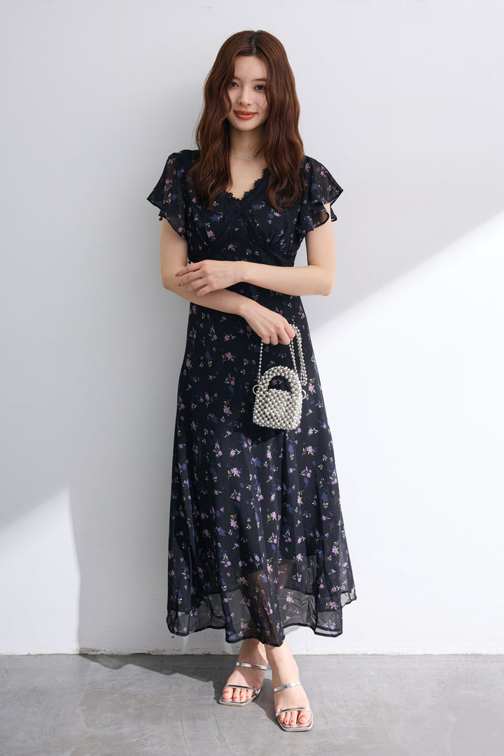 [予約]ニュアンスフラワーレースポイントシフォンワンピース