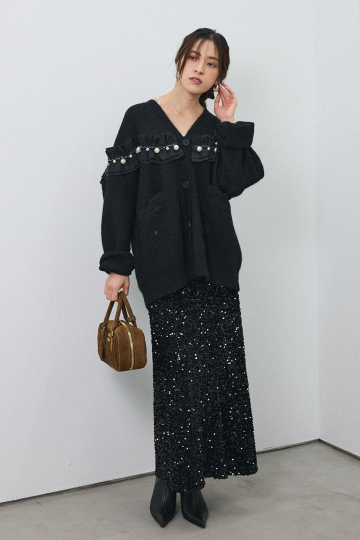 [予約/SET]フリルパールドッキングニットコーディガン+スパンコールシャイニースカート(2set)