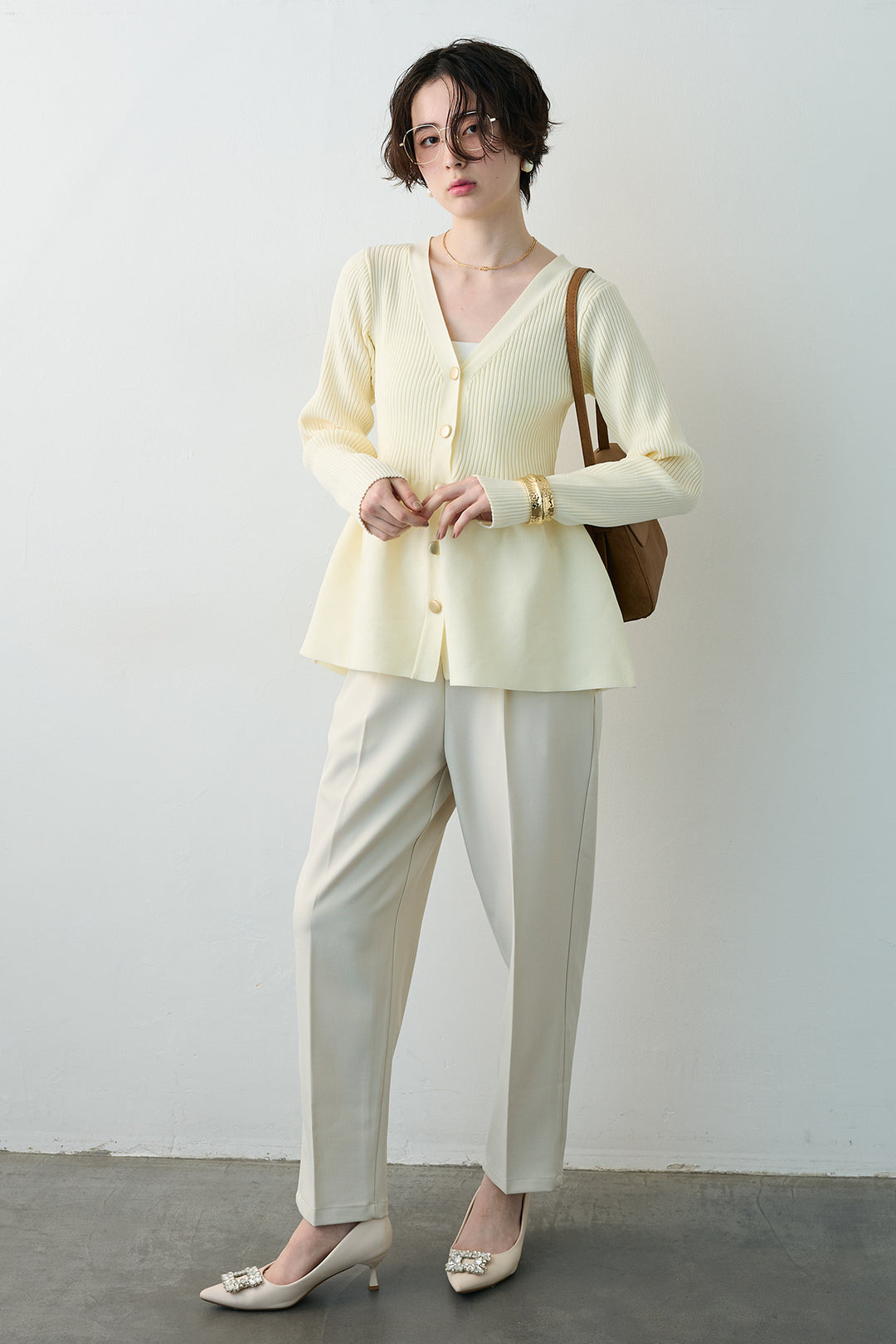 [予約/SET]スポンジペプラムリブニットカーデ+ベルトセットタックテーパードパンツ(2set)