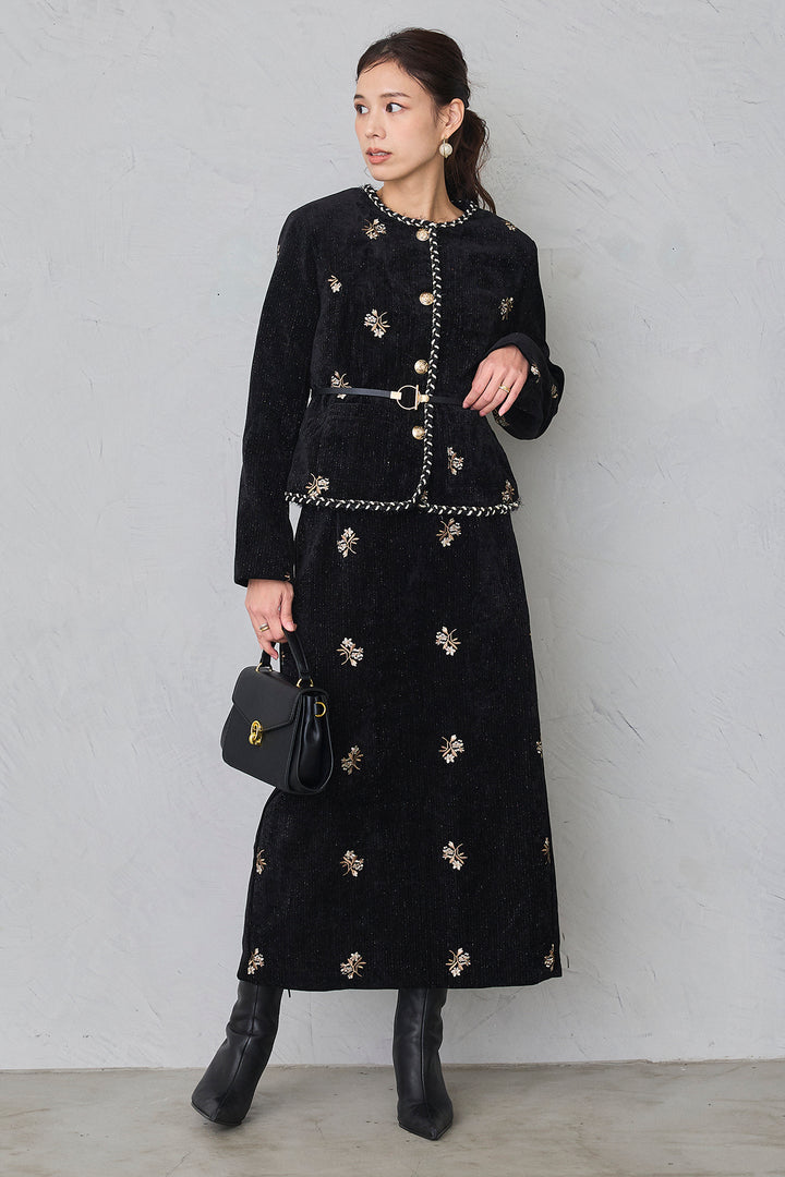 [予約]ヴィンテージフラワー刺繍ラメベロアセットアップ