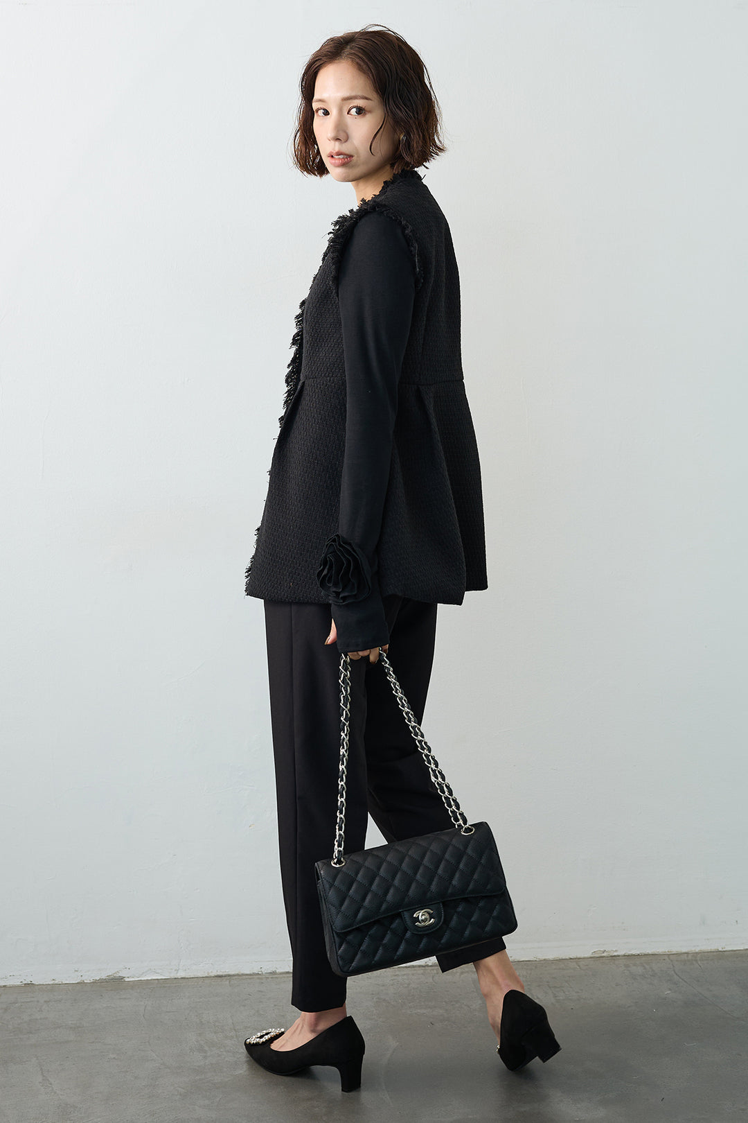 [予約/SET]ツイードペプラム美フォルムジレ+タックテーパードパンツ(2set)