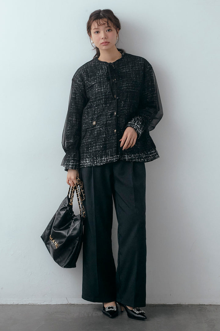 [予約/SET]2wayチュールレイヤードツイードジャケット+スプリングカラータックストレートパンツ(2set)
