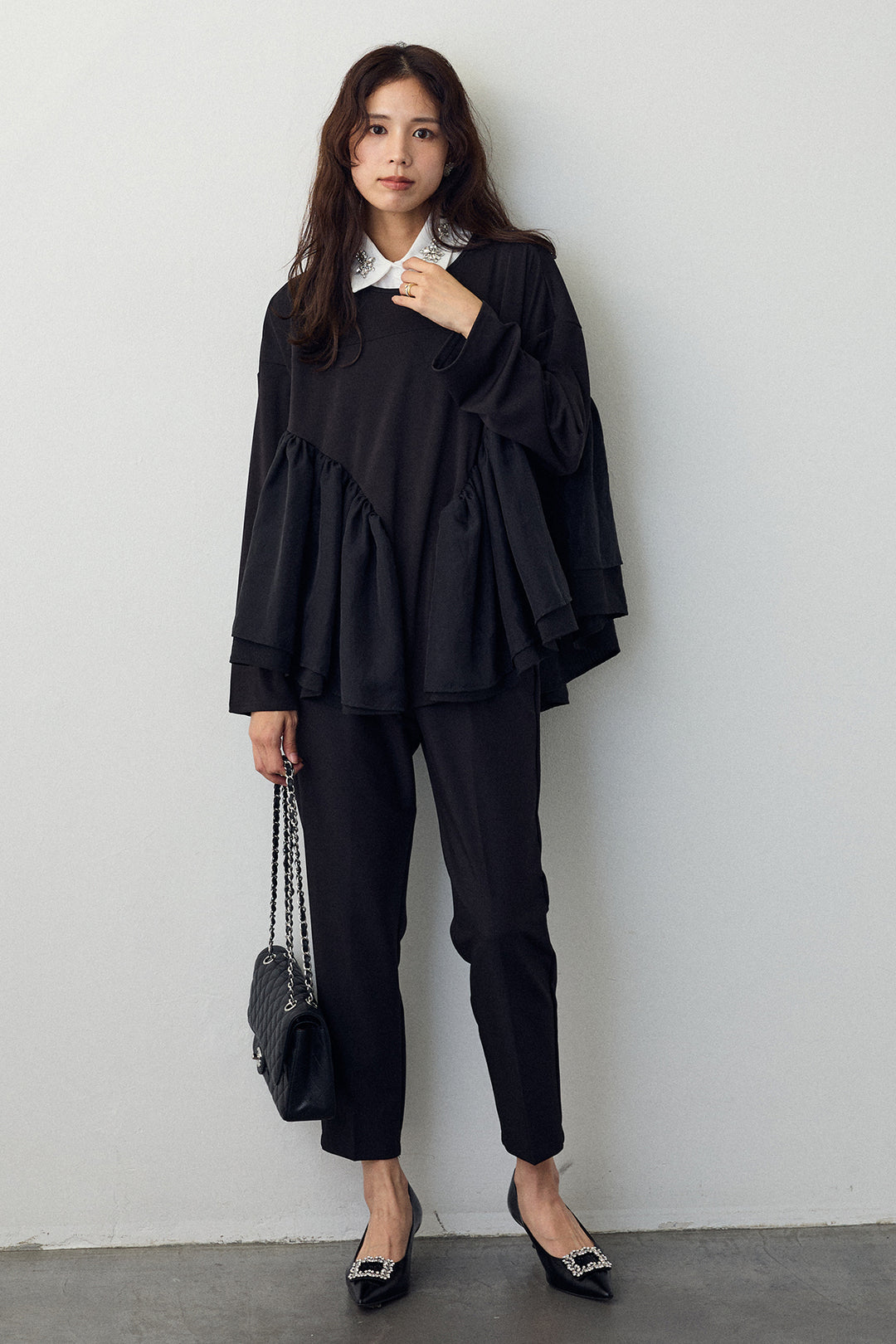 [予約/SET]ビジュー付け襟+フリルテール異素材切替チュニック+タックテーパードパンツ(3set)