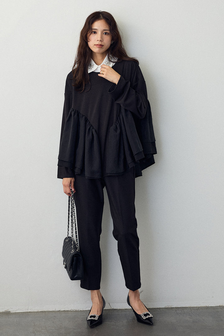 [予約/SET]ビジュー付け襟+フリルテール異素材切替チュニック+タックテーパードパンツ(3set)
