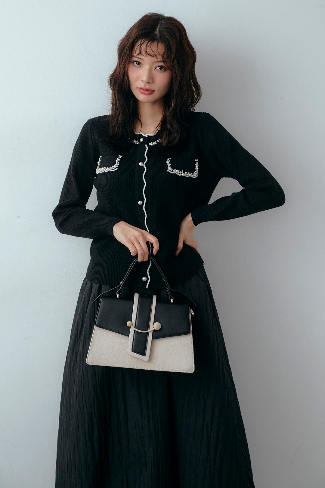 [予約/SET]ビジューパールデザインニットカーデ+ソフトキルトバルーンスカート(2set)