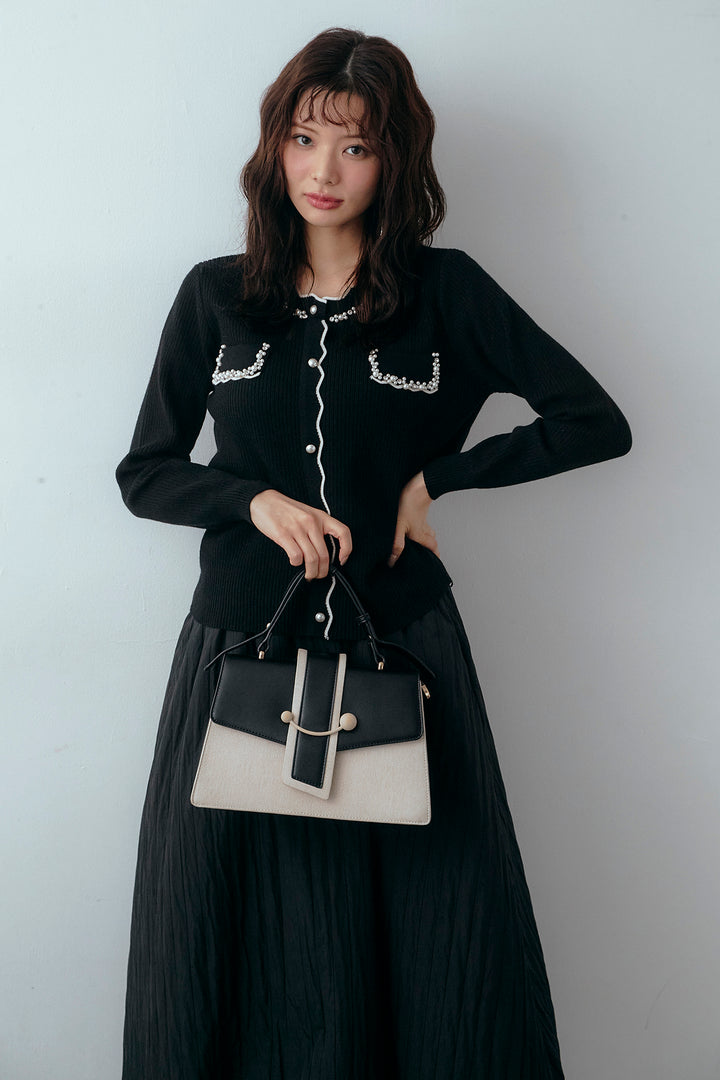 [予約/SET]ビジューパールデザインニットカーデ+ソフトキルトバルーンスカート(2set)