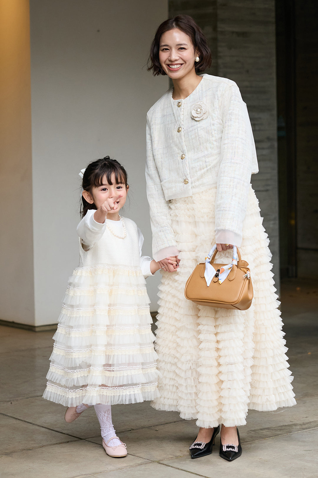[予約/親子SET][kids]ティアードプリーツパールワンピセット+ツイード×チュールレイヤードクロップドジャケット+ホイップチュールティアードスカート(3set)