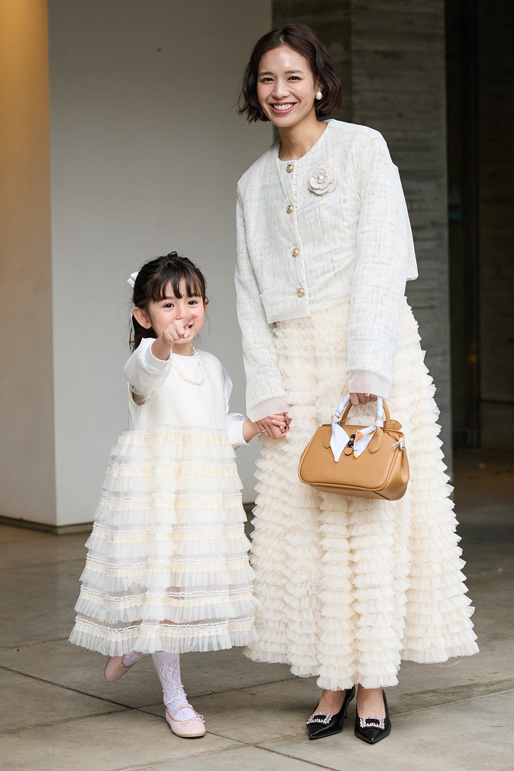 [予約/親子SET][kids]ティアードプリーツパールワンピセット+ツイード×チュールレイヤードクロップドジャケット+ホイップチュールティアードスカート(3set)