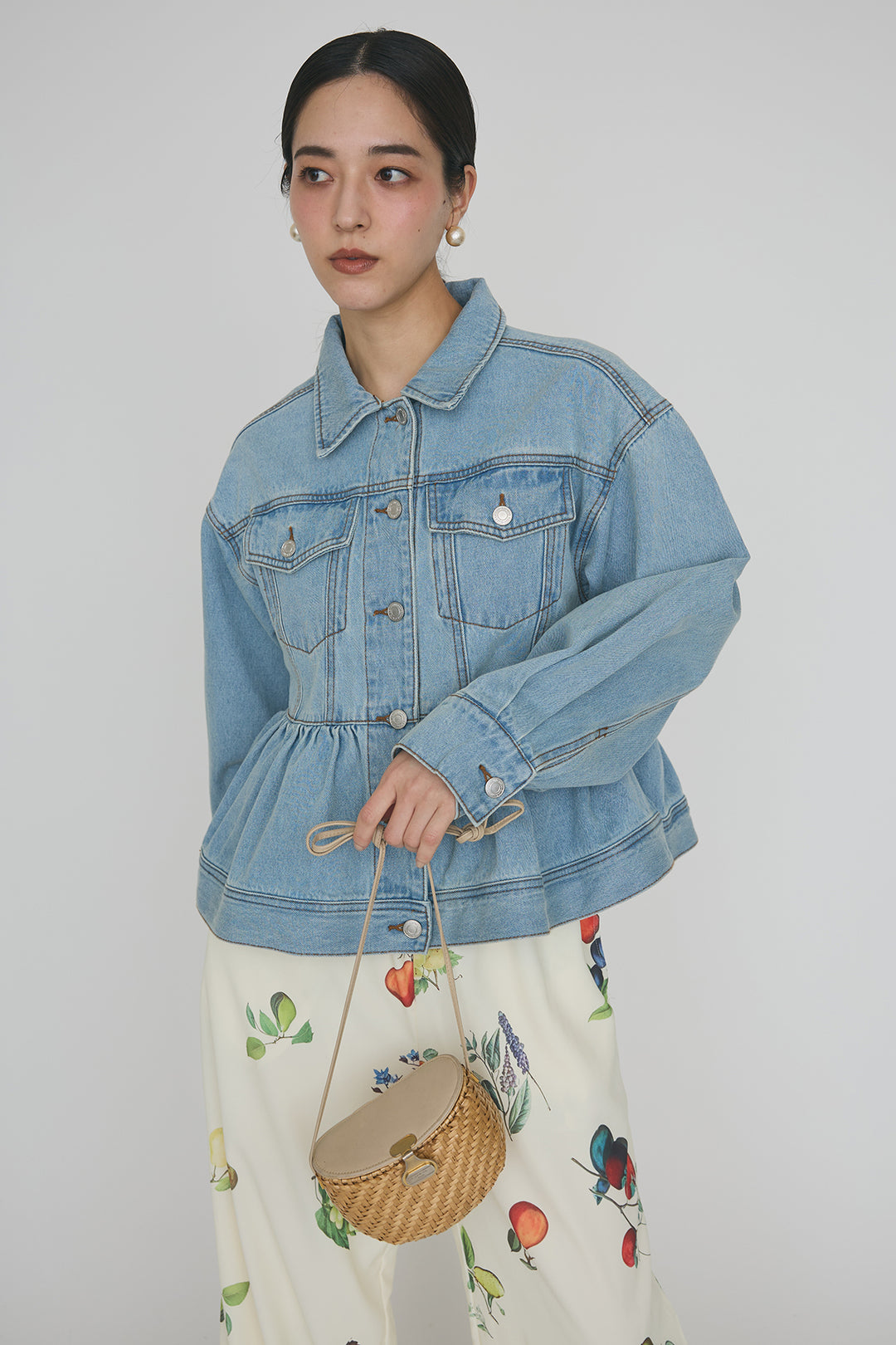 [予約/SET]ペプラムデニムジャケット+フルーツパターンストレートパンツ(2set)