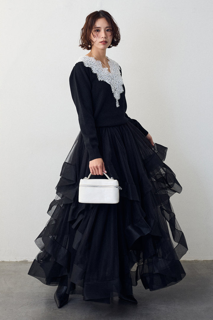 [予約/SET]Vレースデザインニットプルオーバー+ランダムフリルティアードボリュームスカート(2set)