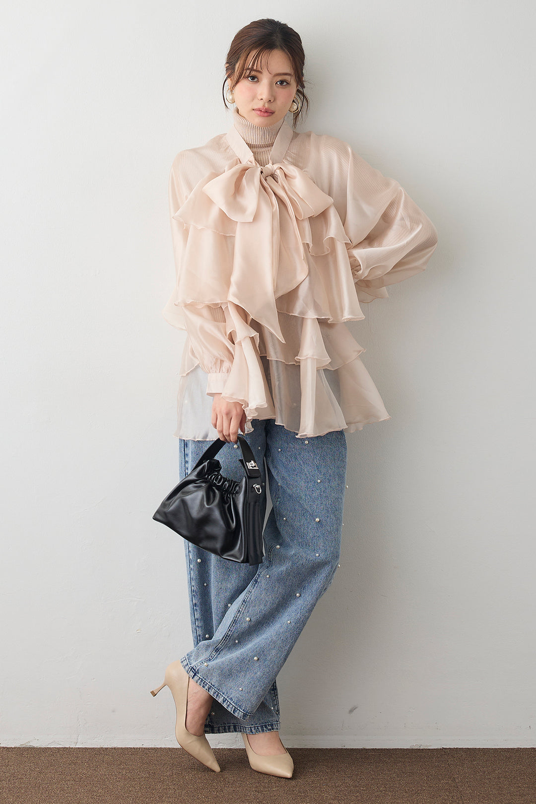 [予約/SET]フロントBIGリボンティアードエアリーチュニック+パールスタッズストレートハイウエストデニム(2set)
