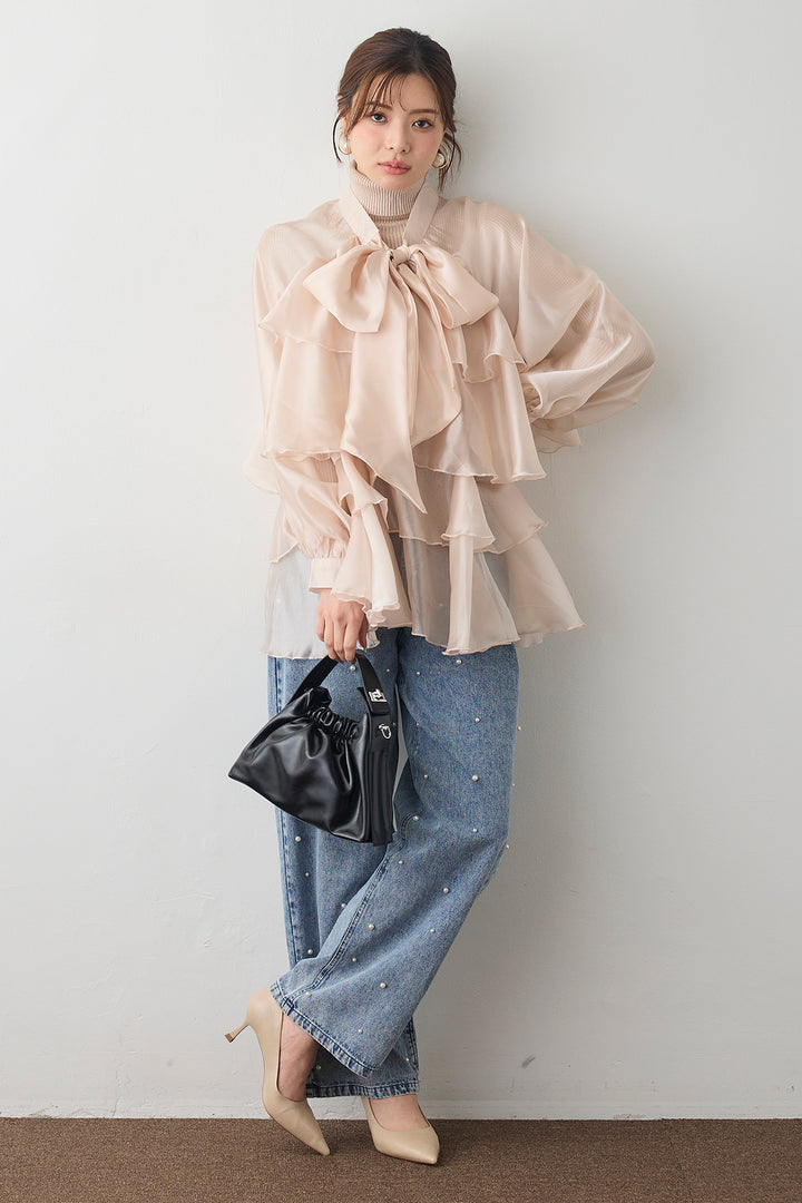 [予約/SET]フロントBIGリボンティアードエアリーチュニック+パールスタッズストレートハイウエストデニム(2set)
