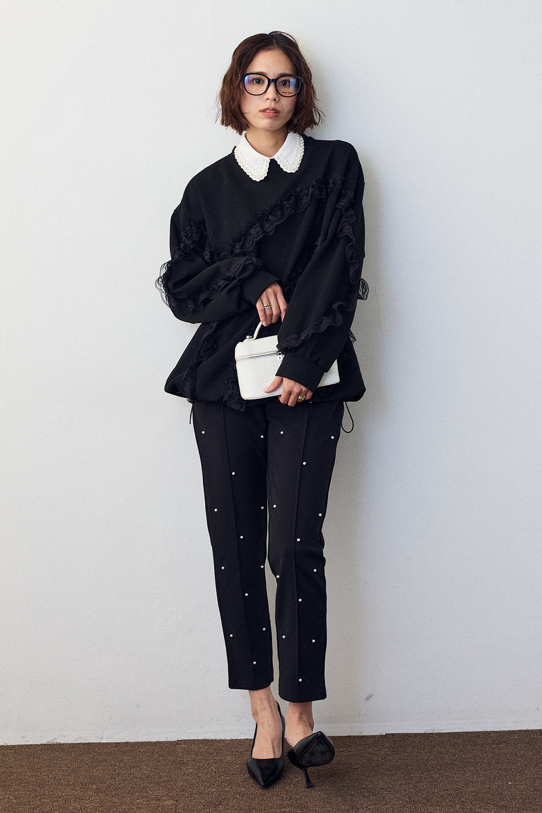 [予約/SET]レースフリルランダムラインスウェット+センターシームランダムパールパンツ(2set)