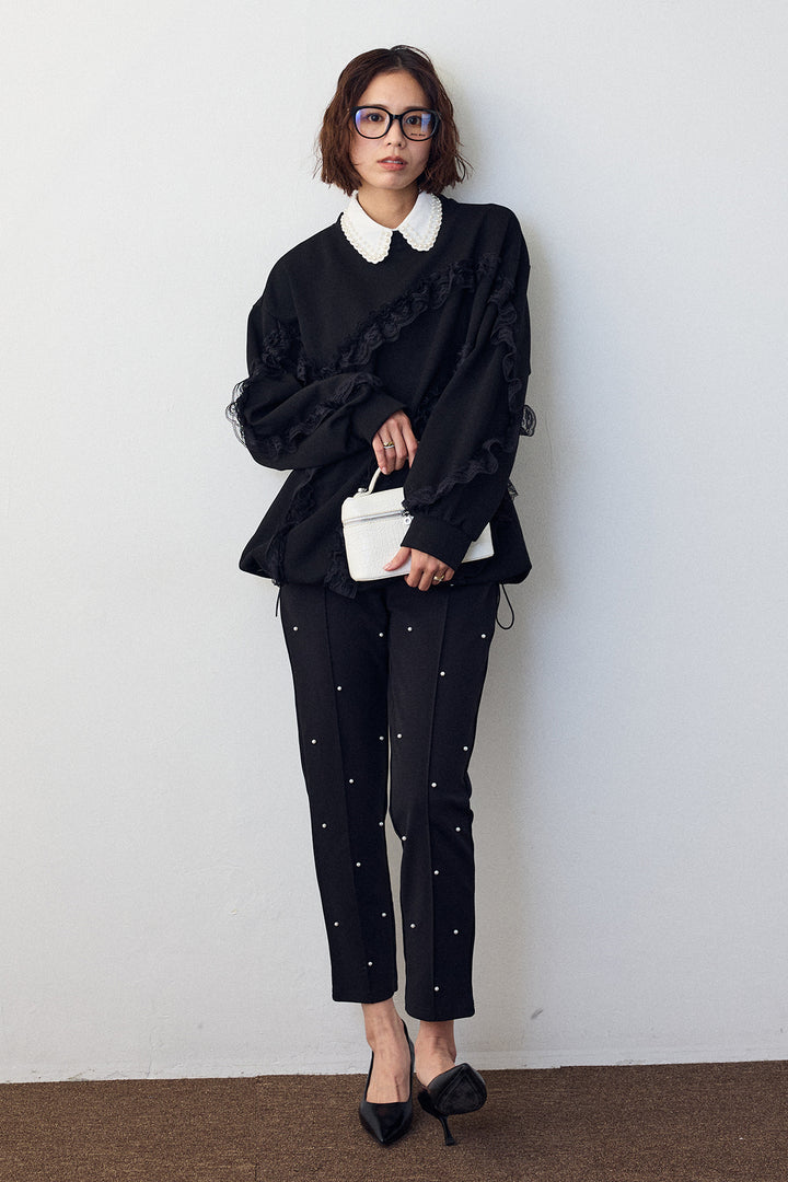 [予約/SET]レースフリルランダムラインスウェット+センターシームランダムパールパンツ(2set)