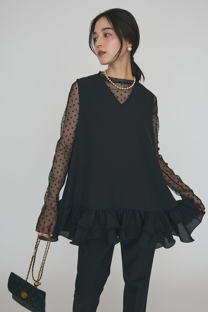 [予約/SET]シアードットフロッキートップス+異素材フリルヘムVネックチュニック+タックテーパードパンツ(3set)