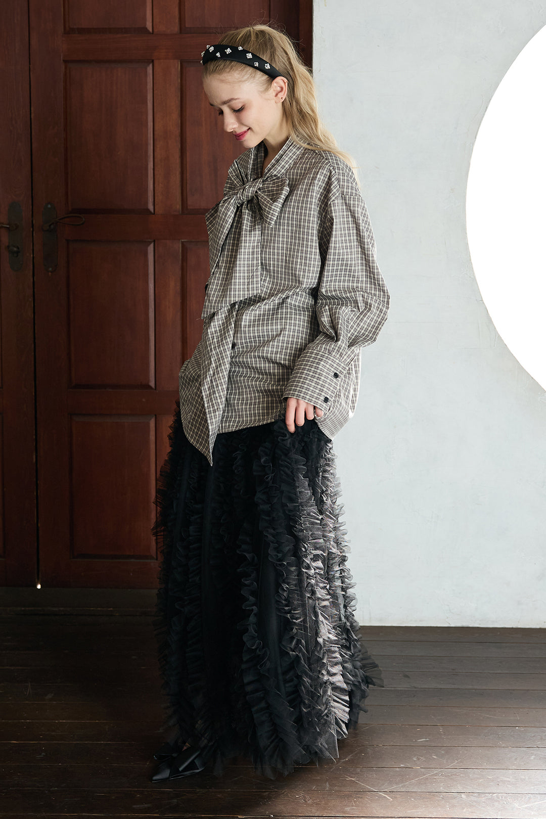 [予約/SET]マルチパターンボウタイアシメシャツ+Iラインホイップチュールスカート(2set)