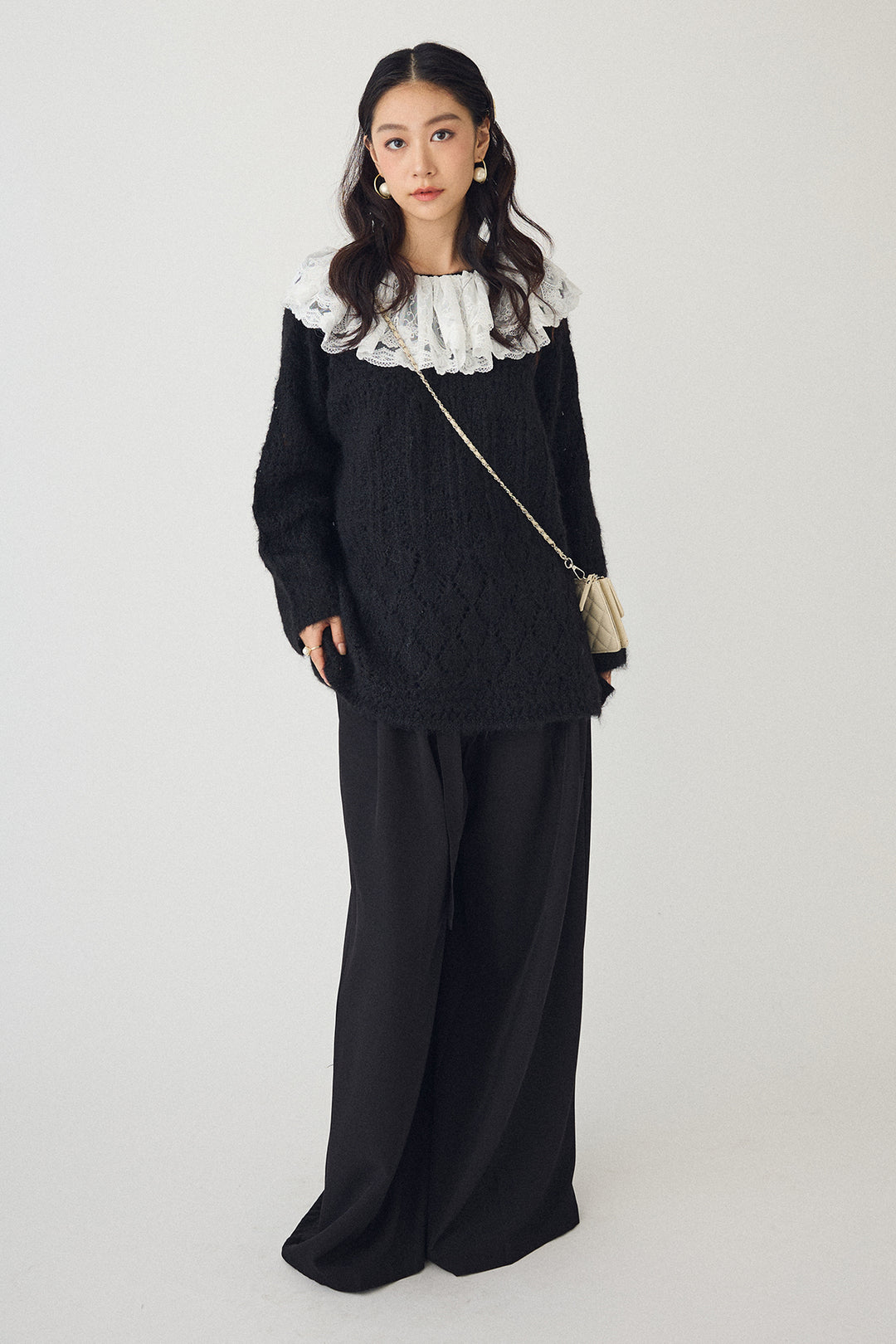 [予約/SET]ダブルレースカラードッキングニット+とろみタックハイウエストタックワイドパンツ(2set)