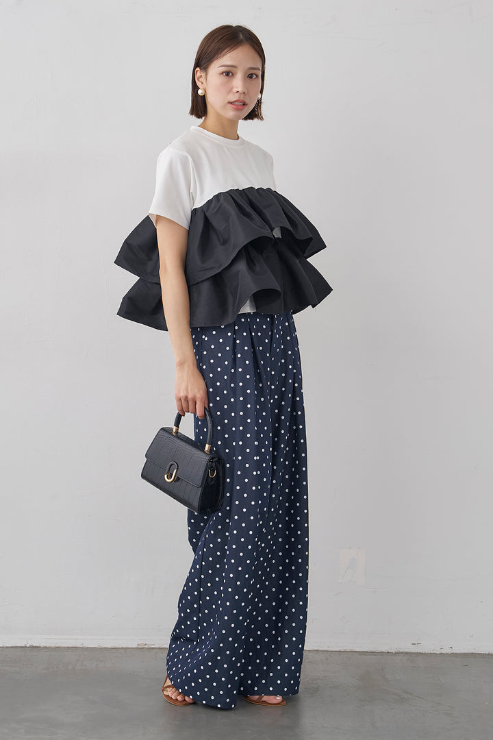 [予約/SET]ナイロンフリルドッキングTシャツ+ハイウエストドットデニムパンツ(2set)