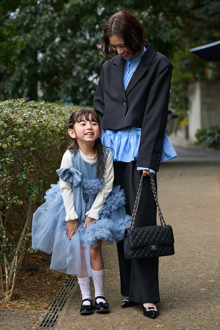 [予約/親子SET][kids]スパンコールリボンホイップチュールワンピセット+フリルヘムスリーブブラウス+クロップドマニッシュシンプルジャケット+ツイルシンプルストレートパンツ(4set)