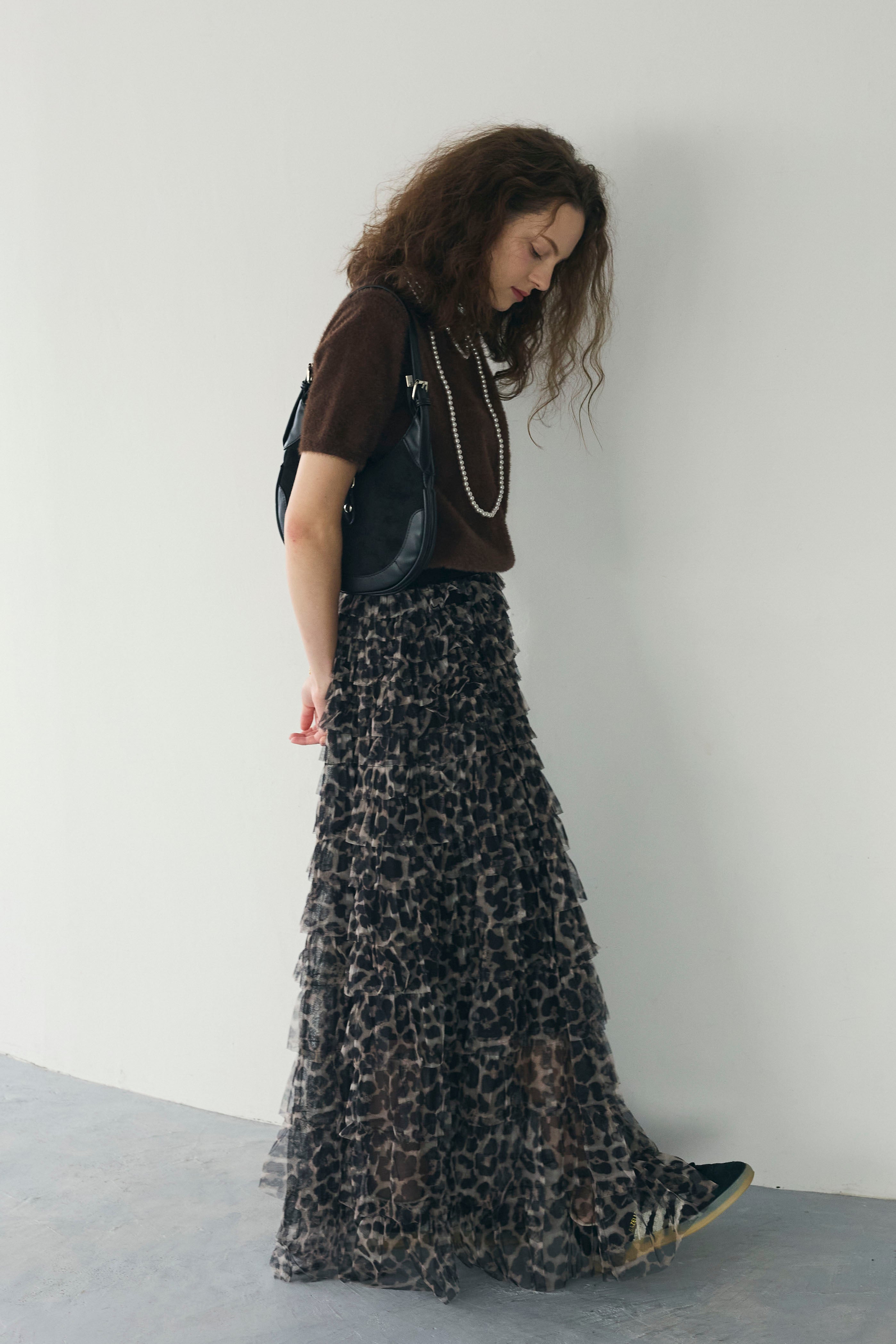 【414】アナイ　モザイクレオパードティアード スカート　青　黒　38 414】アナイ モザイクレオパードティアード スカート 青 黒 38 414