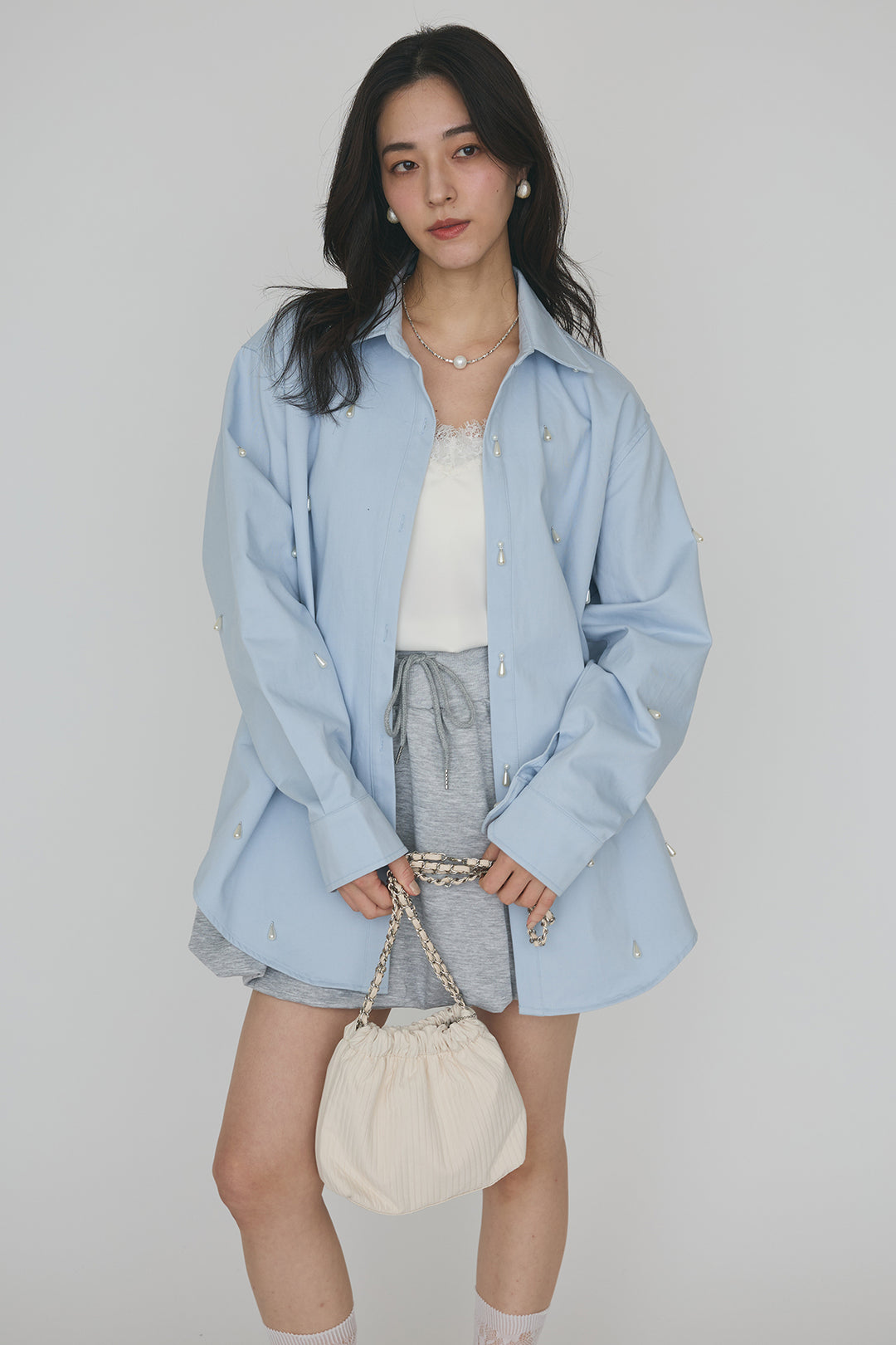 [予約/SET]雫パールデザインオーバーシャツ+スウェットバルーンスカート(2set)