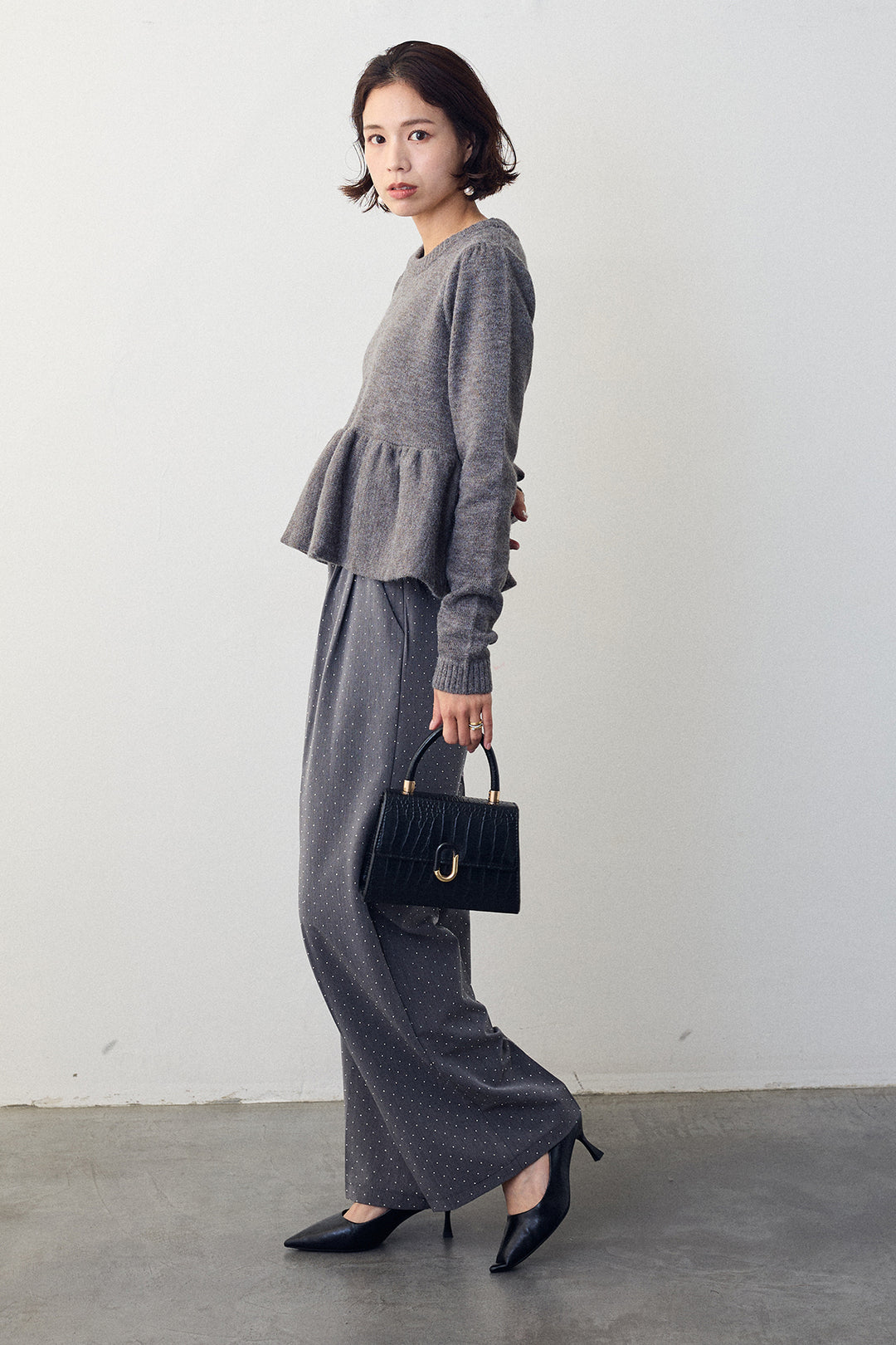 [予約/SET]アルパカタッチバルーンヘムニットプルオーバー+ラインストーンストレートパンツ(2set)