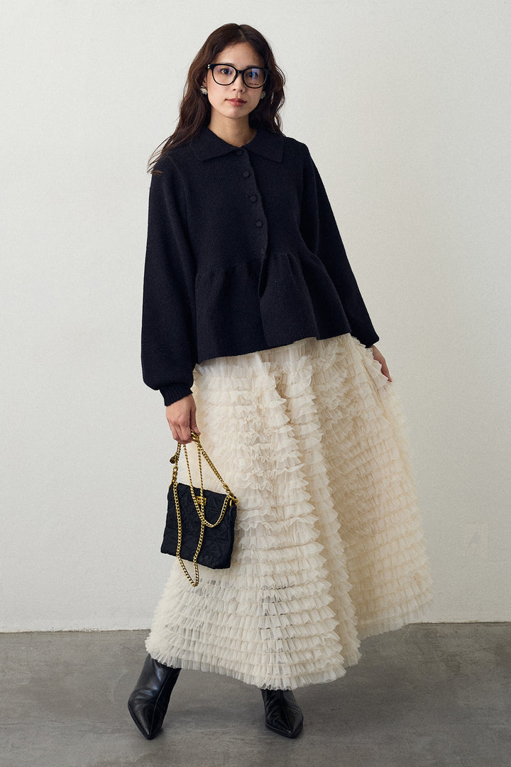 [予約/SET]ポロ襟ペプラムニットプルオーバー+ホイップチュールティアードスカート(2set)