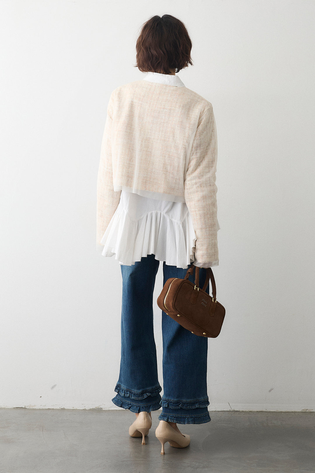 [予約/SET]パネルフレアヘムシャツ+ツイード×チュールレイヤードクロップドジャケット+フリルヘムデニムパンツ(3set)