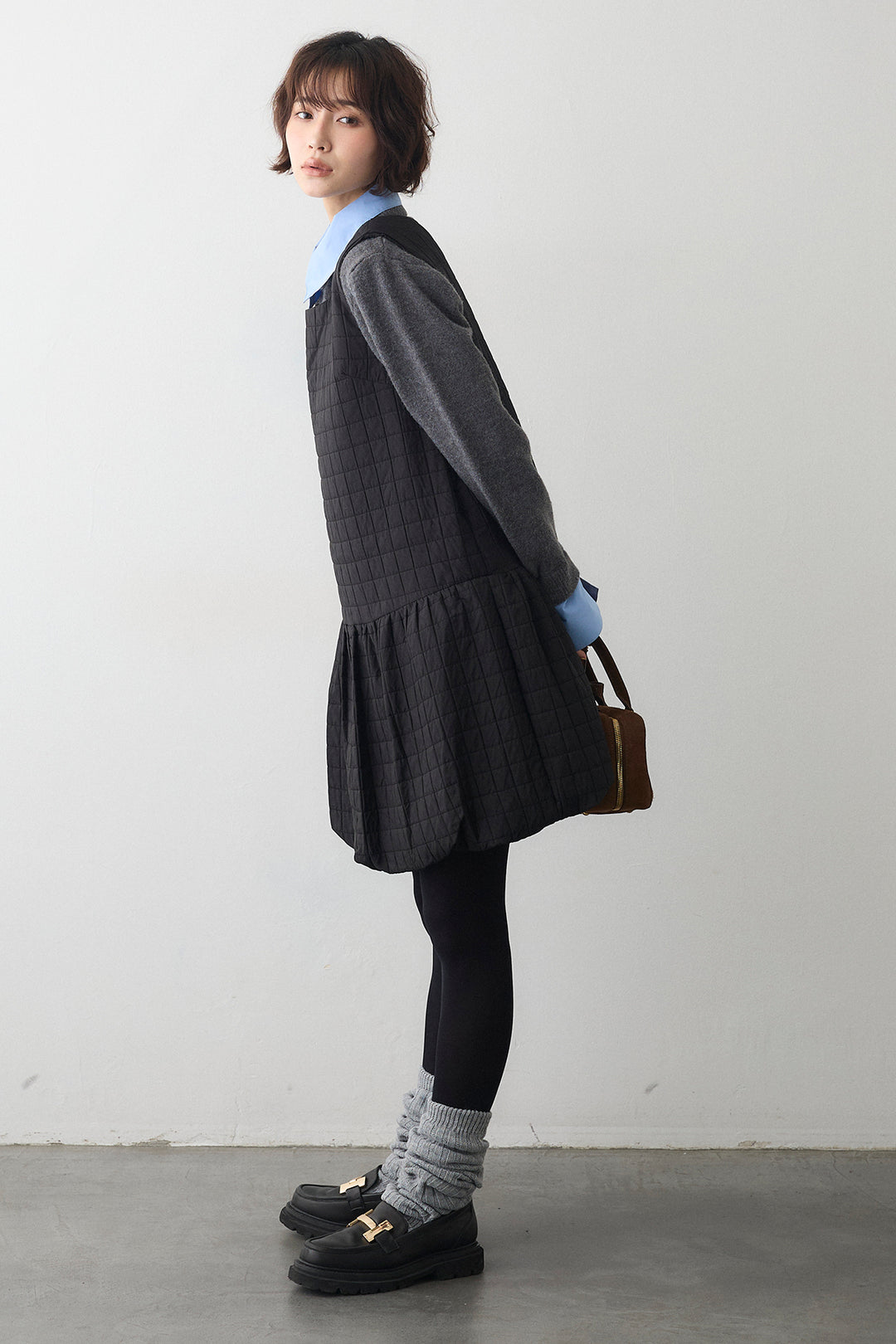 [予約/SET]シャツレイヤードニットプルオーバー+キルティングデザインミニジャンスカ(2set)