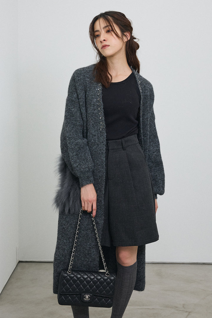 [予約/SET]ファーポケットロングニットカーデ+ウールタッチセンタープレスハーフパンツ(2set)