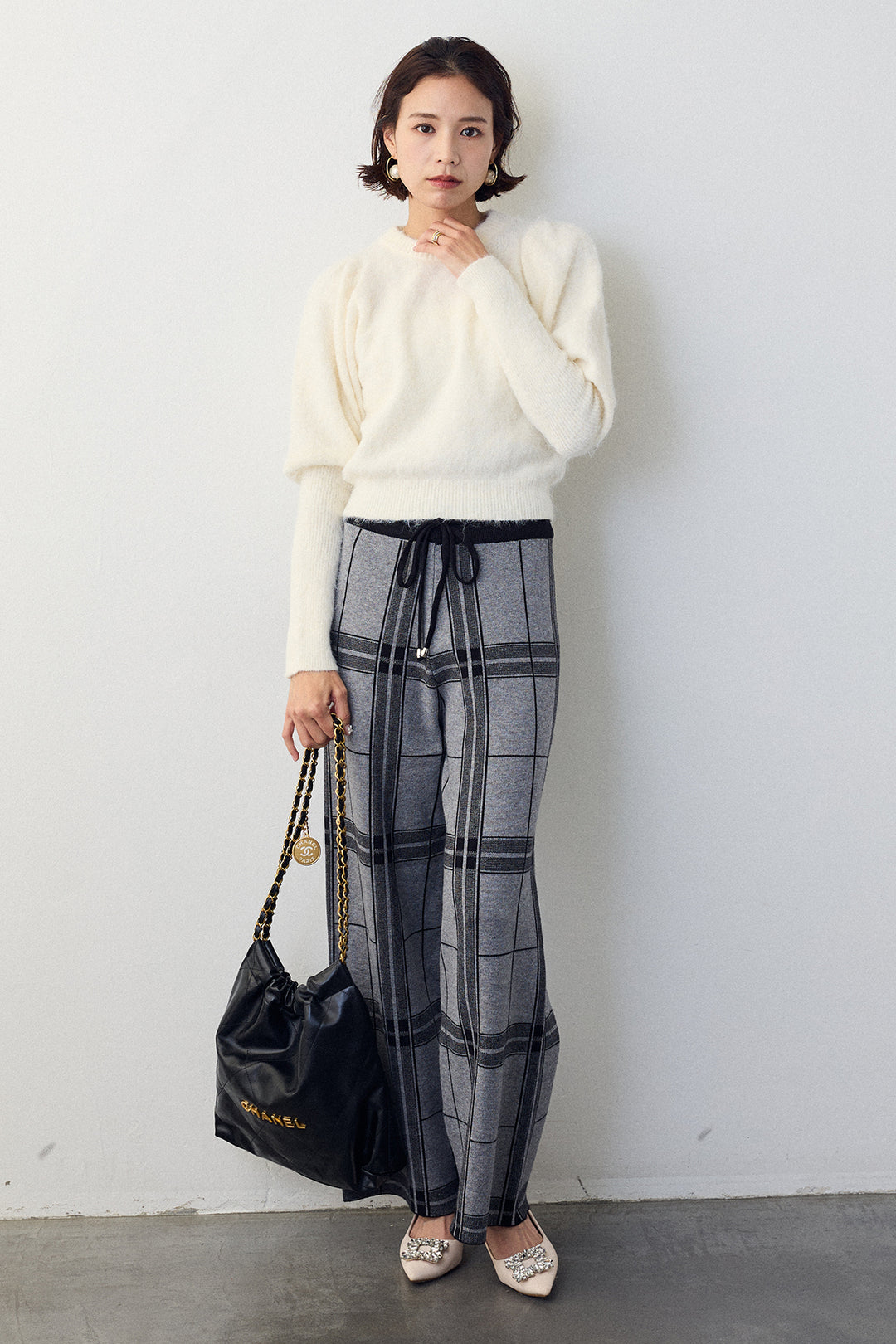 [予約]チェック柄ニットストレートパンツ
