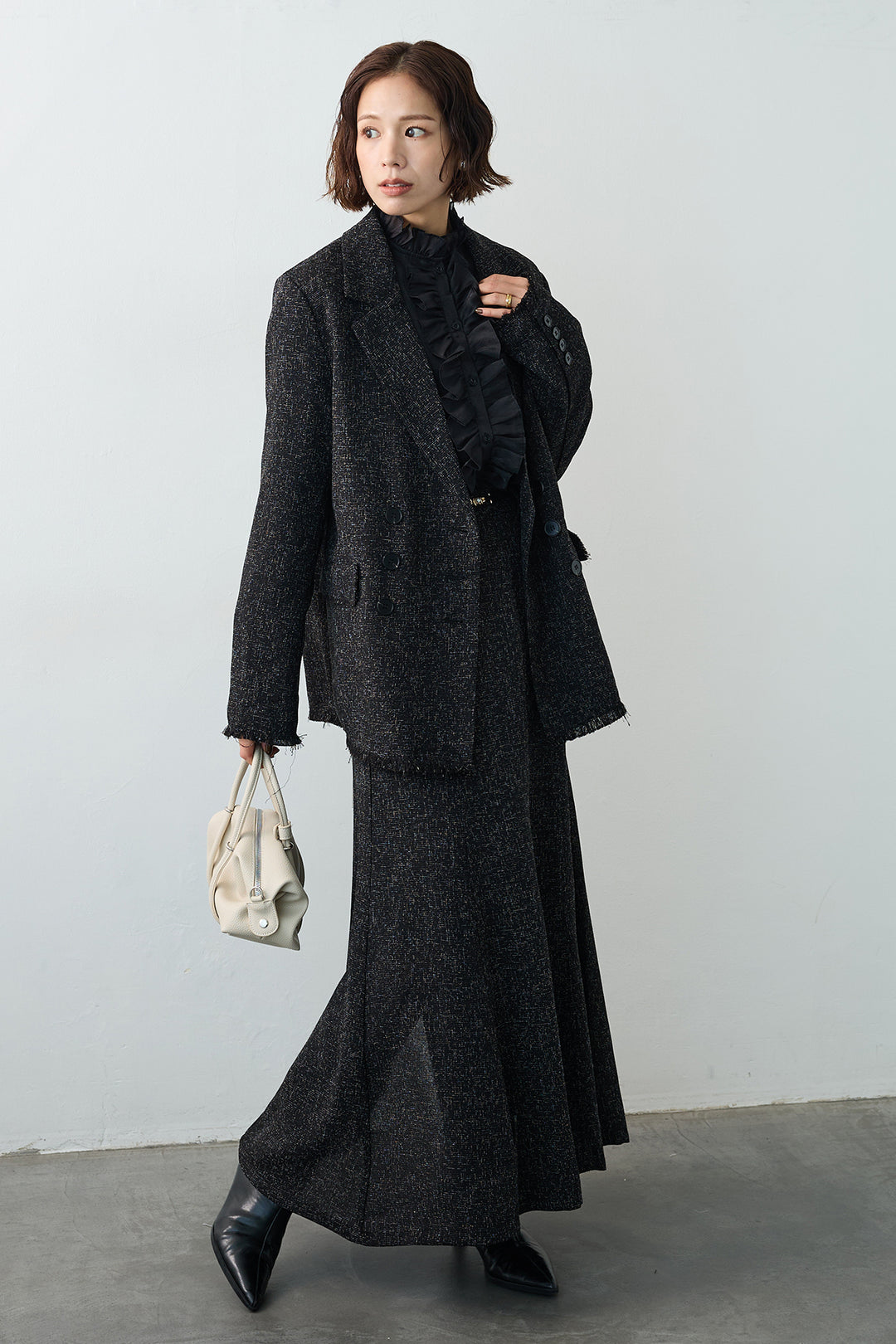 [予約/SET]エアリーフリルブラウス+スラブネップツイードフリンジテーラージャケット+スラブネップツイードフレアスカート(3set)