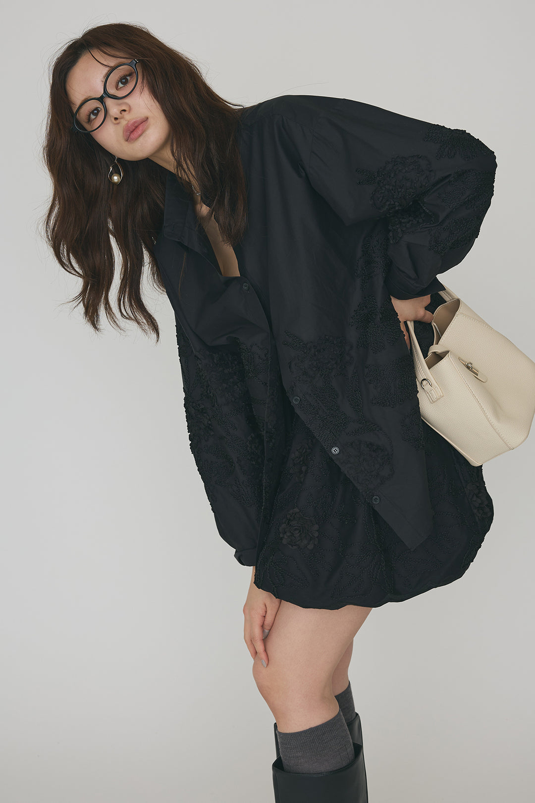 [予約/SET]フラワー刺繍モチーフオーバーシャツ+フラワー刺繍バルーンスカート(2set)