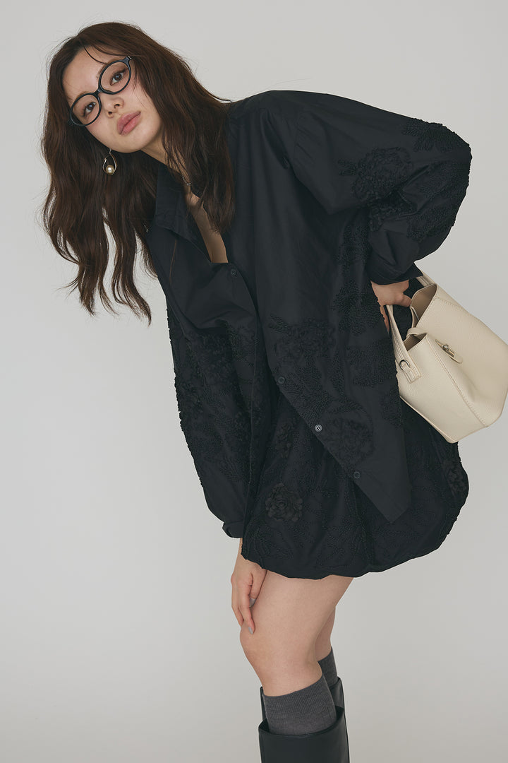 [予約/SET]フラワー刺繍モチーフオーバーシャツ+フラワー刺繍バルーンスカート(2set)