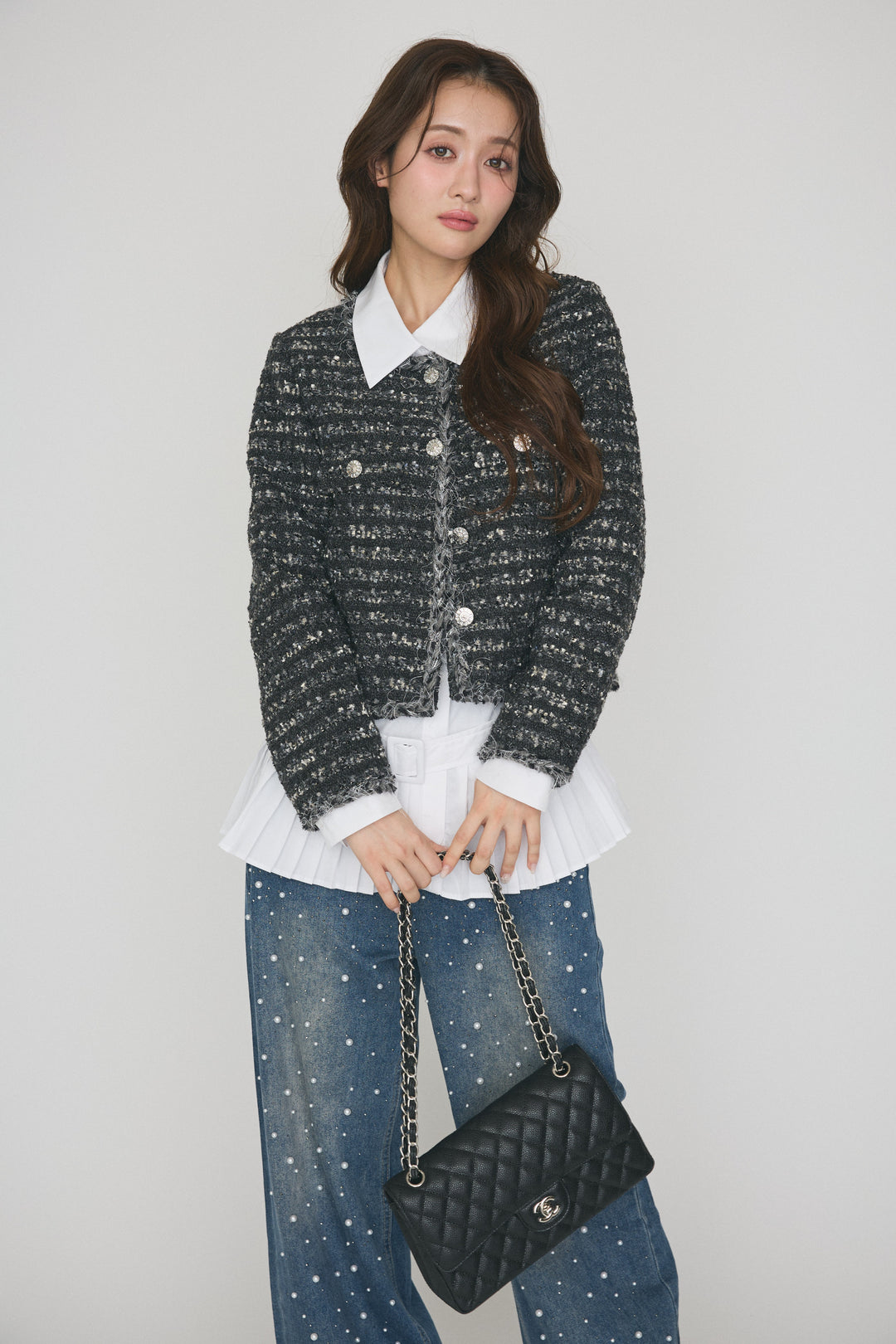 [予約/SET]ジュエルボタンツイードニットジャケット+ヘムプリーツシャツチュニック+パールアクセント美ラインデニム(3set)
