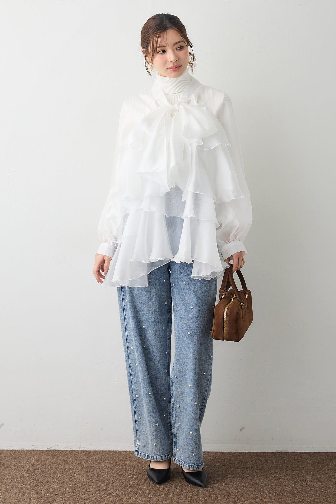 [予約/SET]ベーシックリブタートルニット+フロントBIGリボンティアードエアリーチュニック+パールスタッズストレートハイウエストデニム(3set)