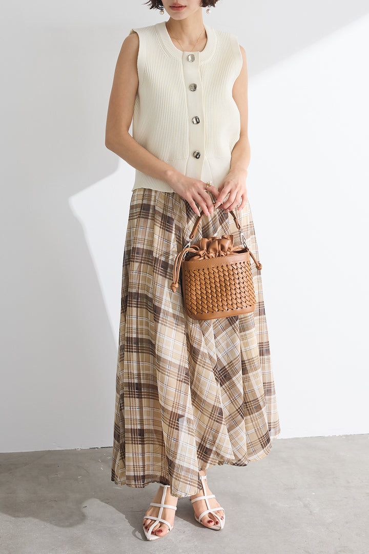 [予約/SET]ニュアンスボタンベスト+シフォンチェックシアースカート(2set)